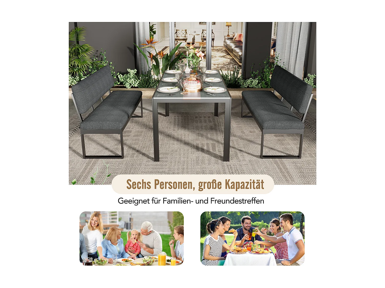 6-zits aluminium tuineetkamer - Tafel + 2 banken - Afneembare rug- en zitkussens - Grijs