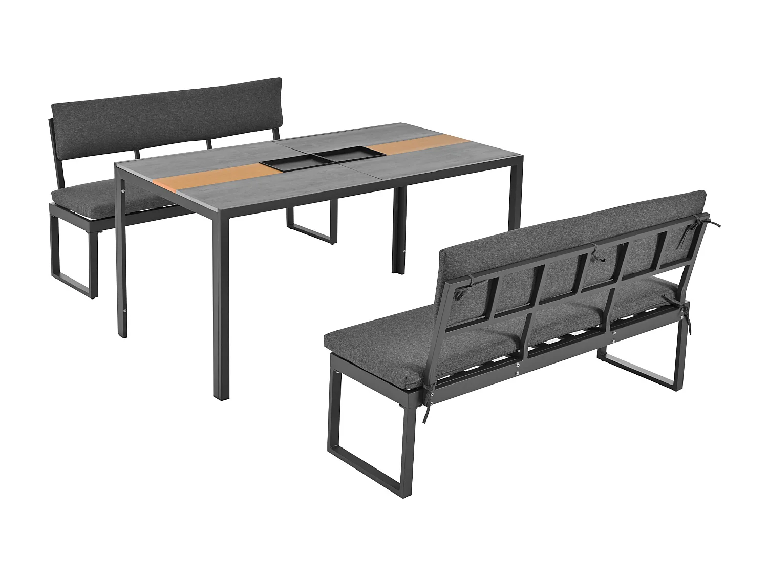 6-zits aluminium tuineetkamer - Tafel + 2 banken - Afneembare rug- en zitkussens - Grijs