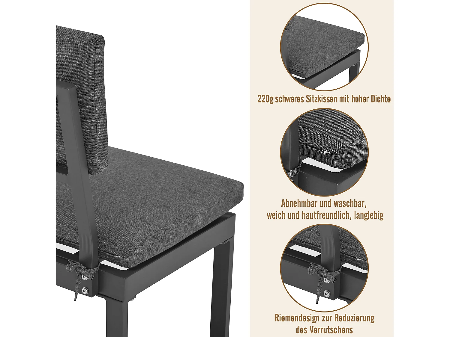 6-zits aluminium tuineetkamer - Tafel + 2 banken - Afneembare rug- en zitkussens - Grijs