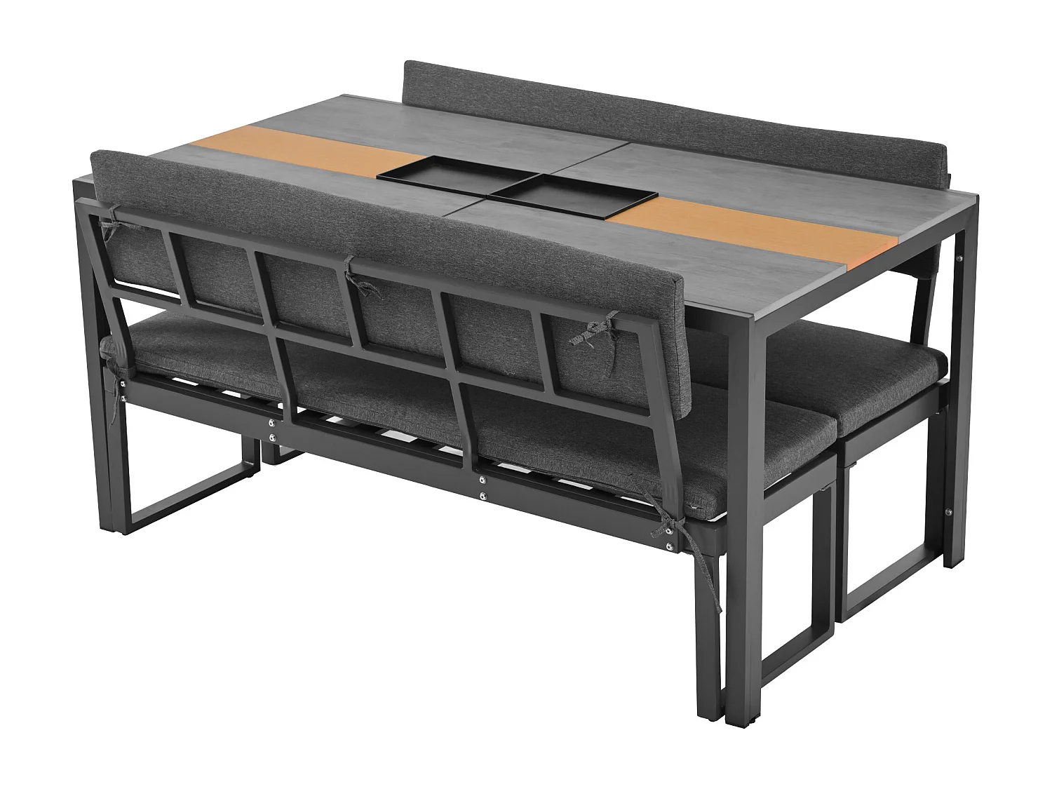 6-zits aluminium tuineetkamer - Tafel + 2 banken - Afneembare rug- en zitkussens - Grijs