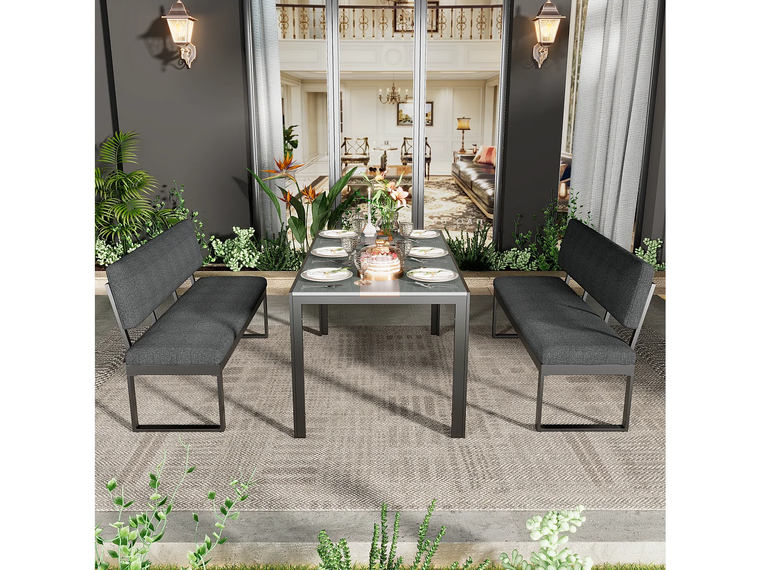 Salle à manger de jardin en aluminium 6 places - Table + 2 bancs - Coussins de dossier et d'assise amovibles - Gris