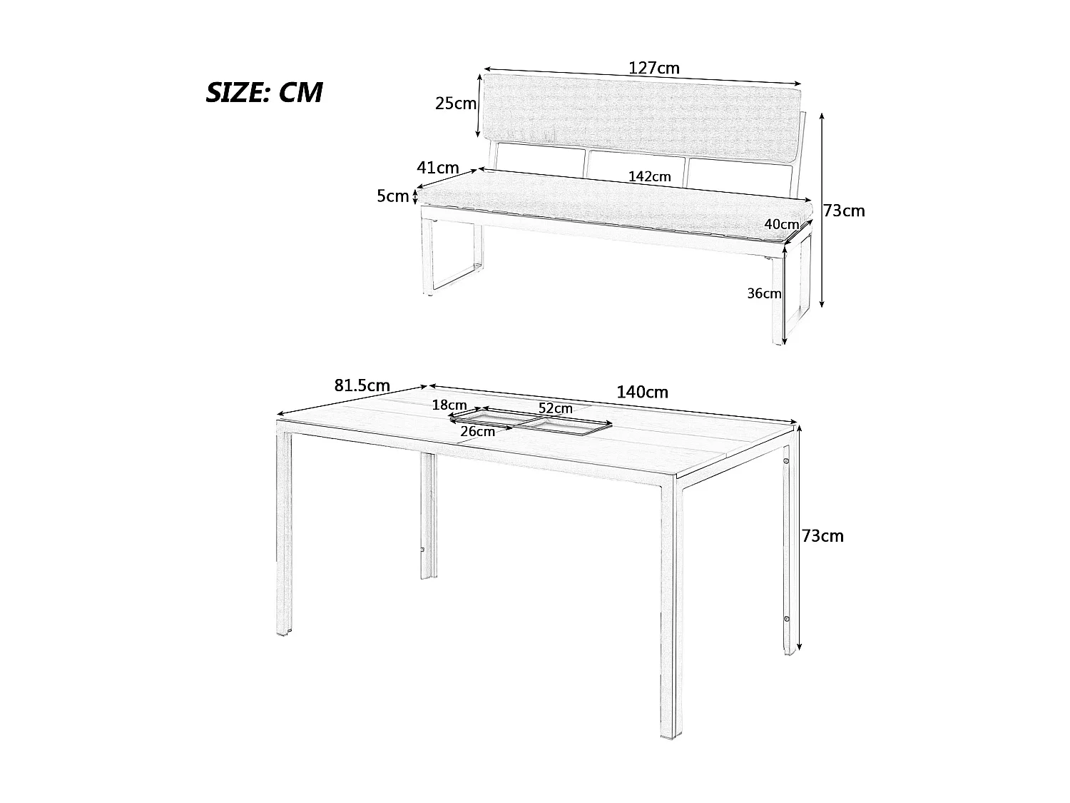 Salle à manger de jardin en aluminium 6 places - Table + 2 bancs - Coussins de dossier et d'assise amovibles - Gris