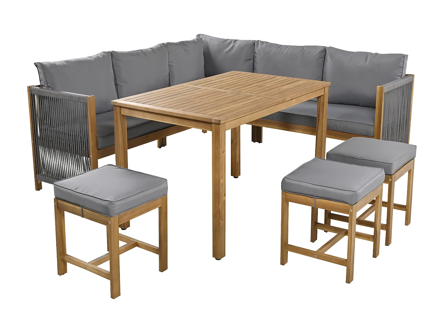 Salle à manger de jardin en bois 8 places - Table + 2 canapés d'angle + 3 poufs - meubles de patio - coloris: gris + marron