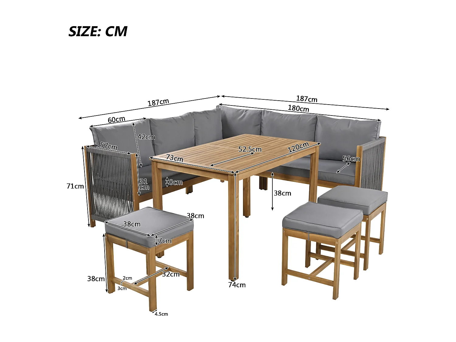 Salle à manger de jardin en bois 8 places - Table + 2 canapés d'angle + 3 poufs - meubles de patio - coloris: gris + marron