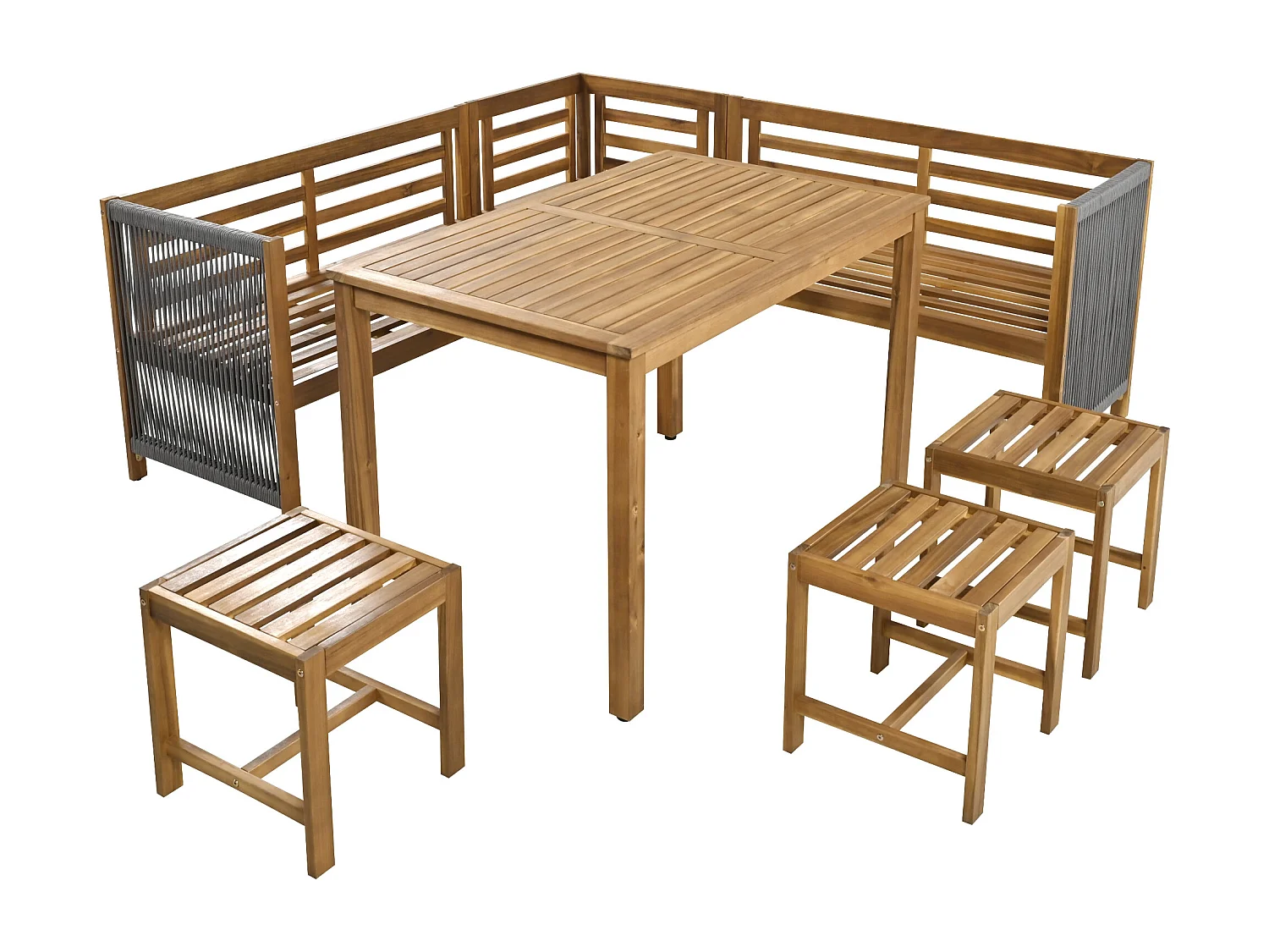 Salle à manger de jardin en bois 8 places - Table + 2 canapés d'angle + 3 poufs - meubles de patio - coloris: gris + marron