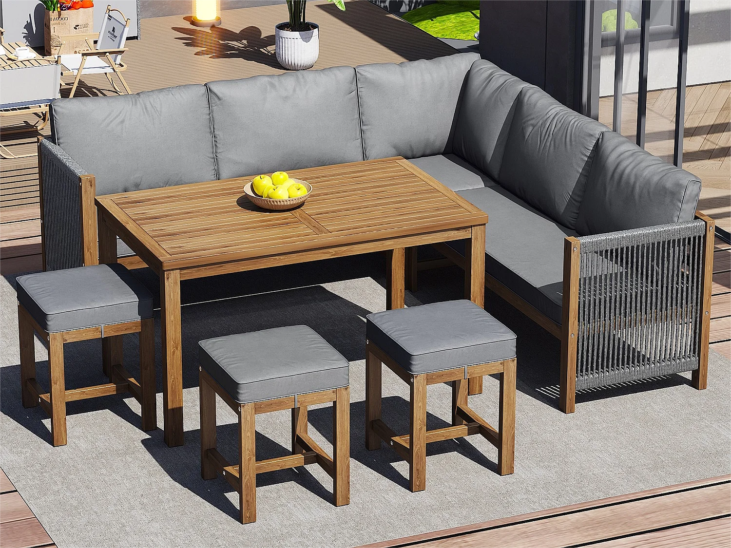 Salle à manger de jardin en bois 8 places - Table + 2 canapés d'angle + 3 poufs - meubles de patio - coloris: gris + marron