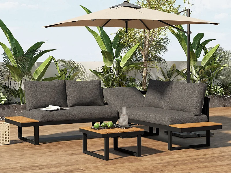 Liege-Eckgartenmöbel aus verzinktem Stahl – 2 Sofas + 2 Fußstützen + ein Tisch – 9 Sitz- und Rückenkissen – Schwarz + Beige