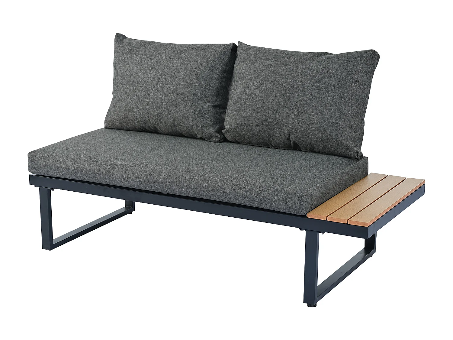 Liege-Eckgartenmöbel aus verzinktem Stahl – 2 Sofas + 2 Fußstützen + ein Tisch – 9 Sitz- und Rückenkissen – Schwarz + Beige