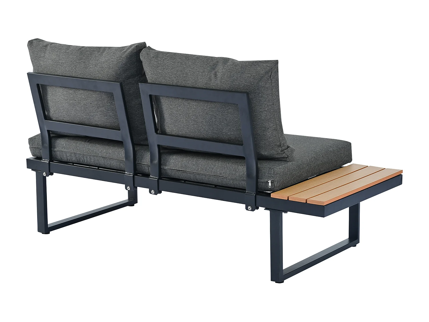 Liege-Eckgartenmöbel aus verzinktem Stahl – 2 Sofas + 2 Fußstützen + ein Tisch – 9 Sitz- und Rückenkissen – Schwarz + Beige