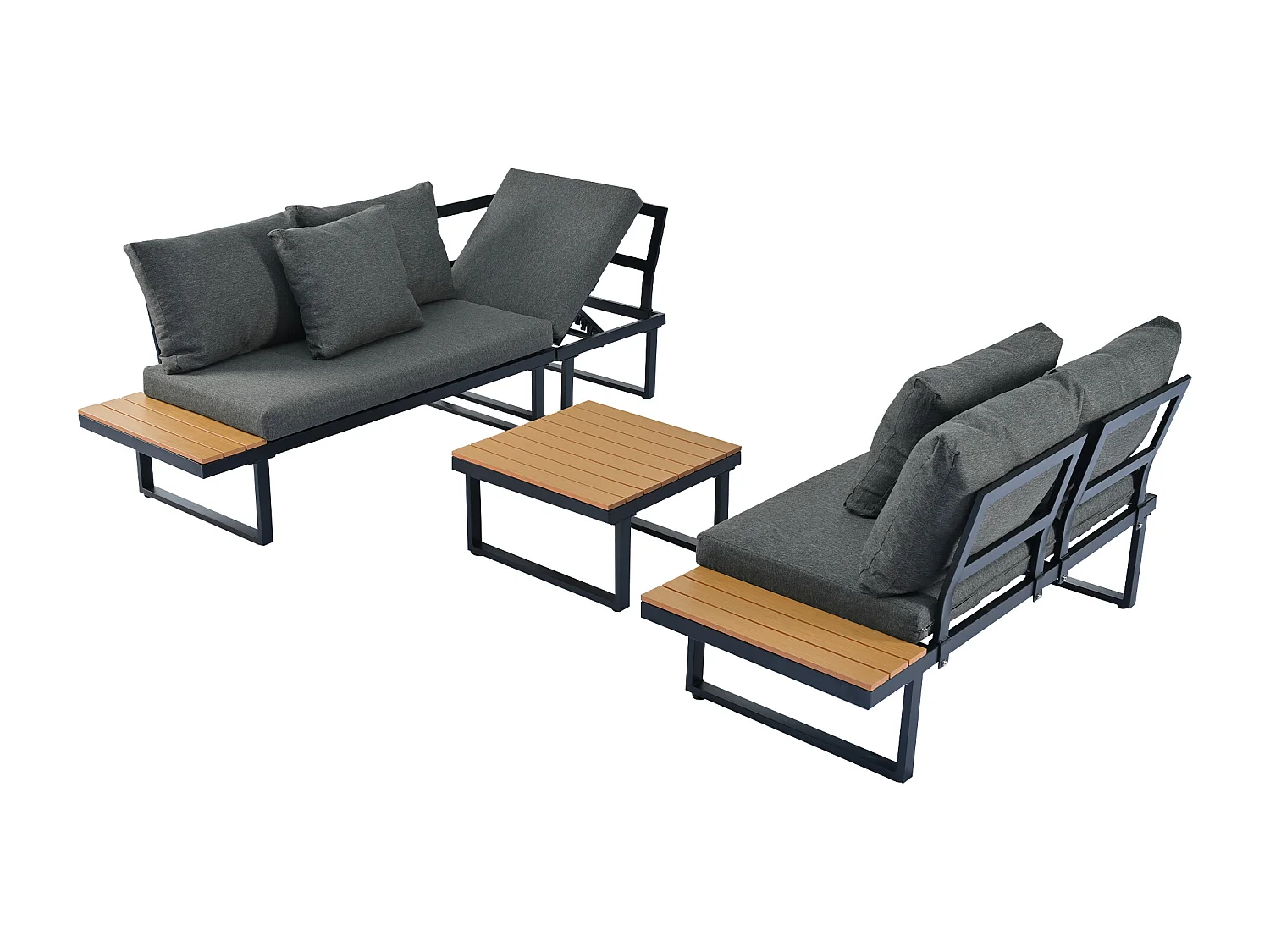 Liege-Eckgartenmöbel aus verzinktem Stahl – 2 Sofas + 2 Fußstützen + ein Tisch – 9 Sitz- und Rückenkissen – Schwarz + Beige