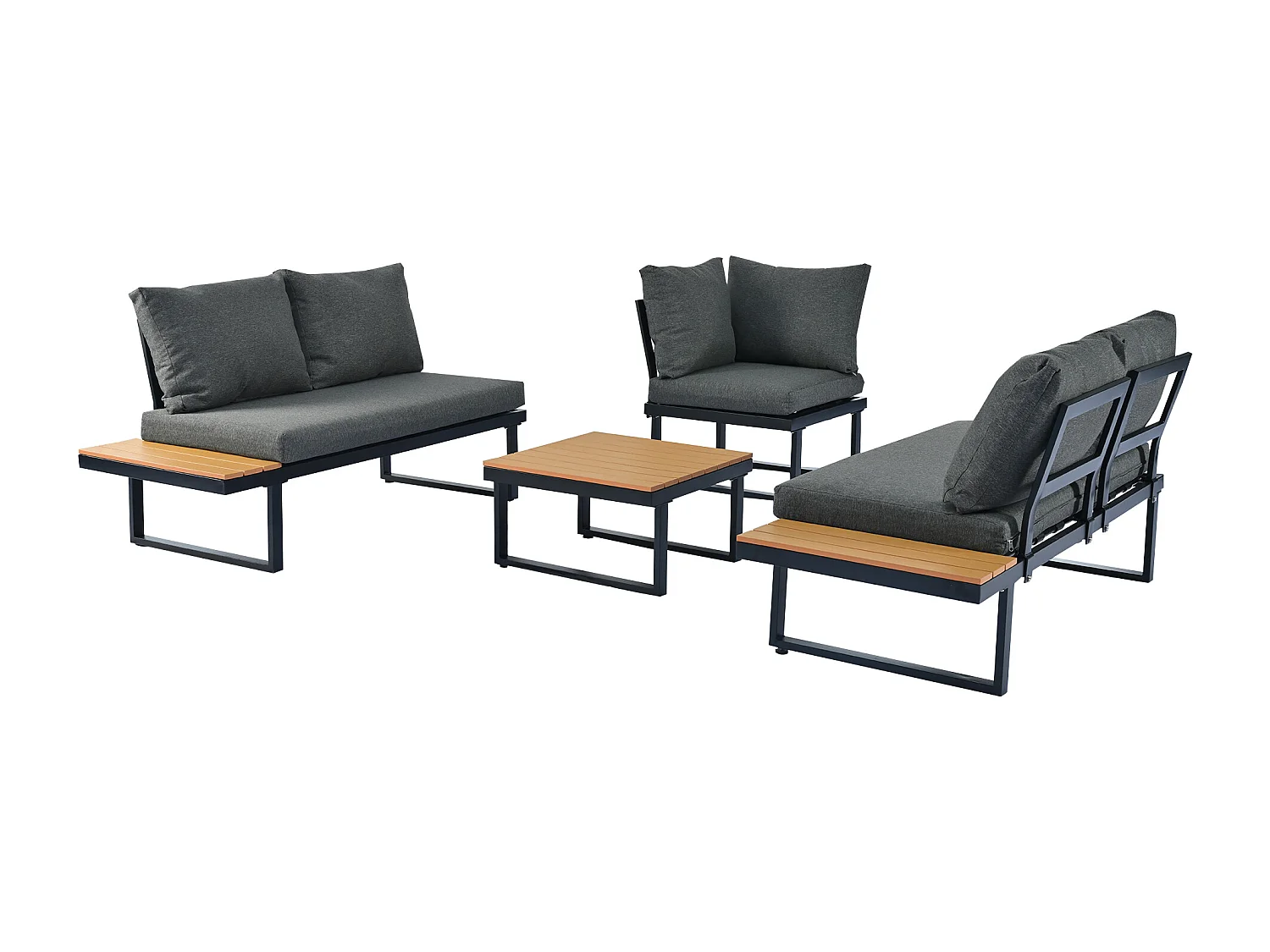 Liege-Eckgartenmöbel aus verzinktem Stahl – 2 Sofas + 2 Fußstützen + ein Tisch – 9 Sitz- und Rückenkissen – Schwarz + Beige