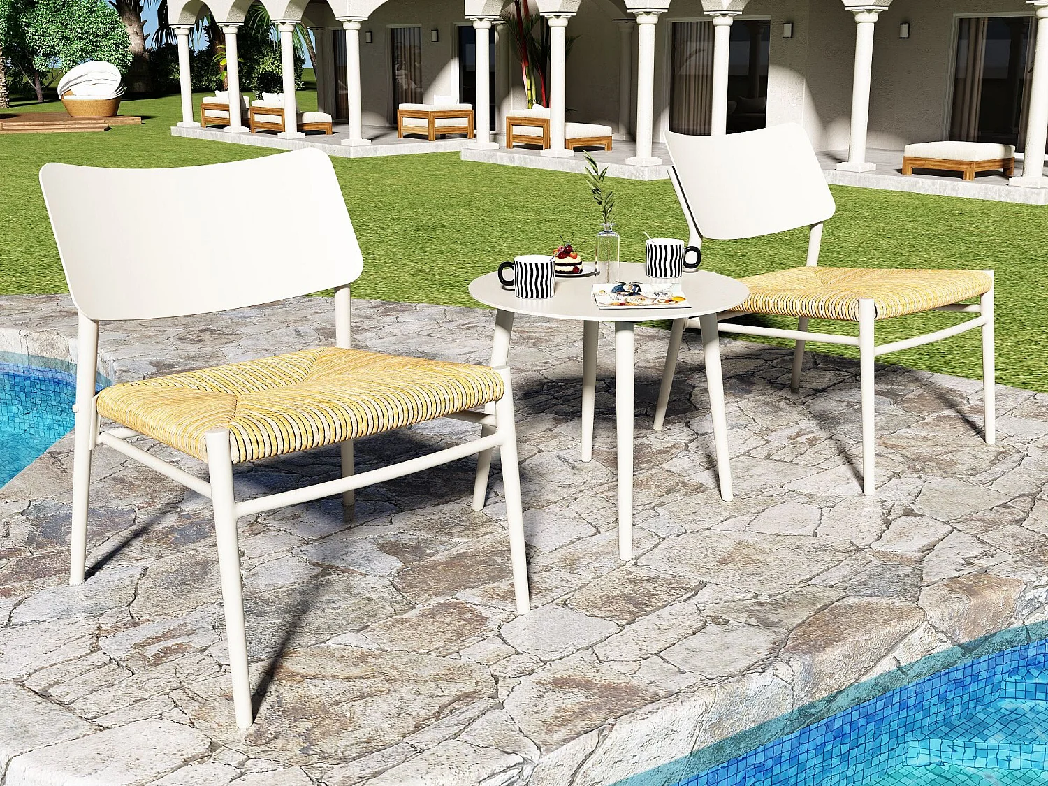 2-zits tuinmeubelen in aluminium en PE rotan - 2 stoelen en een tafel - wit