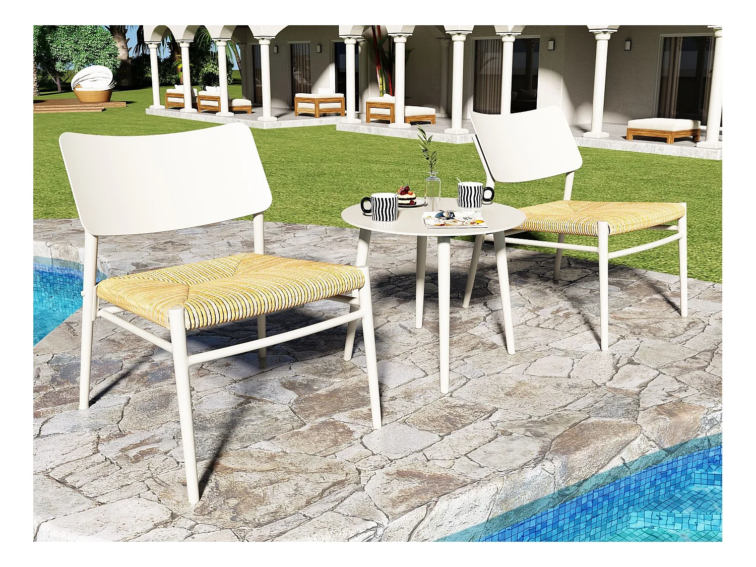 Salon de jardin 2 places en aluminium et rotin PE - 2 chaises et une table - blanc