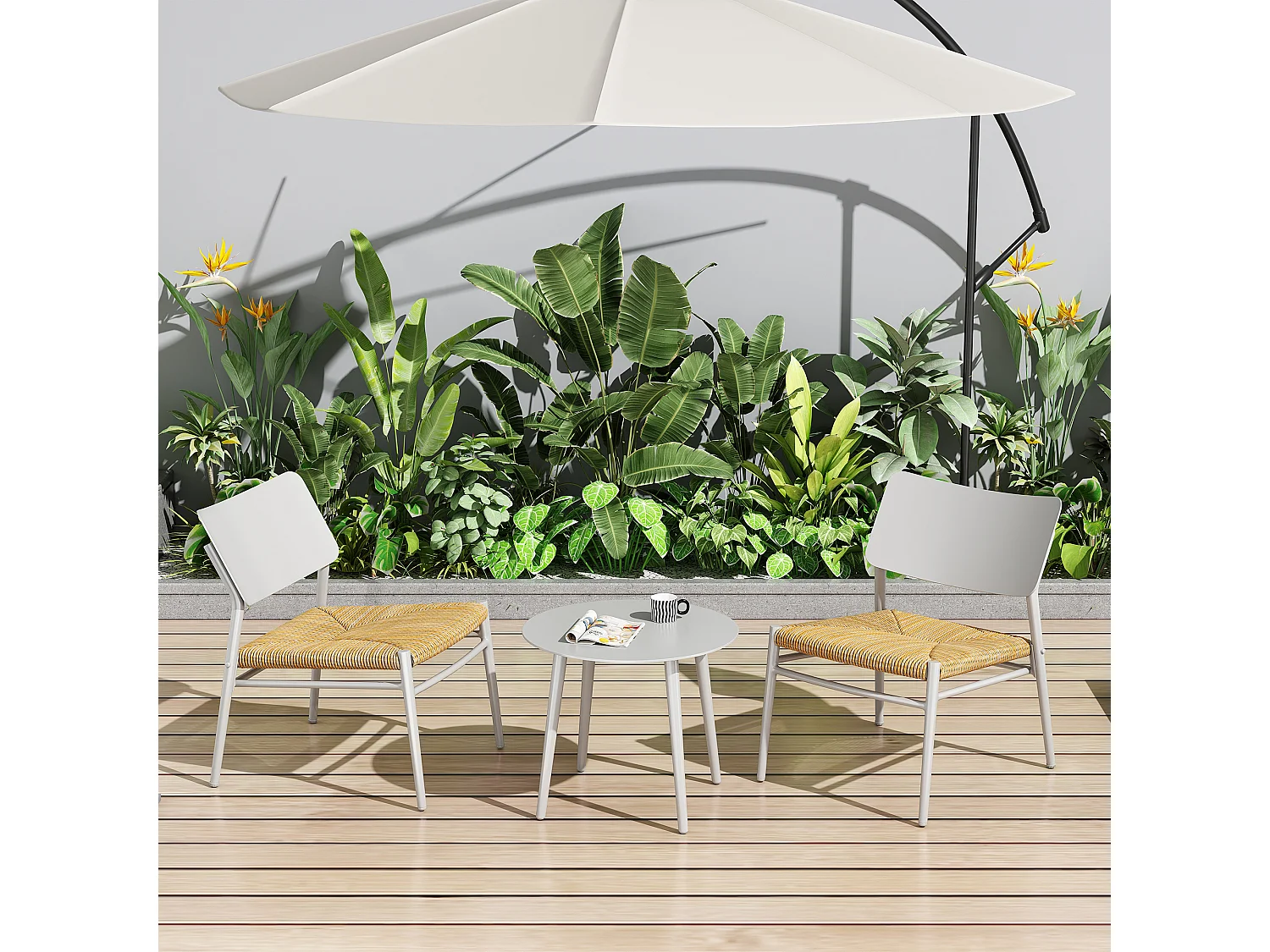 Salon de jardin 2 places en aluminium et rotin PE - 2 chaises et une table - blanc