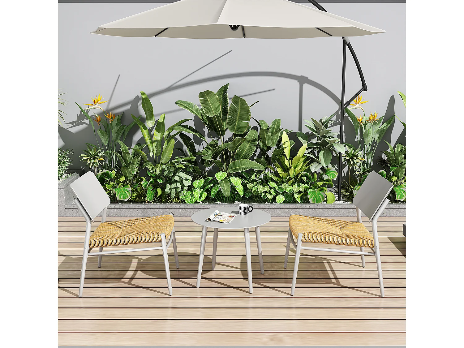 Salon de jardin 2 places en aluminium et rotin PE - 2 chaises et une table - blanc
