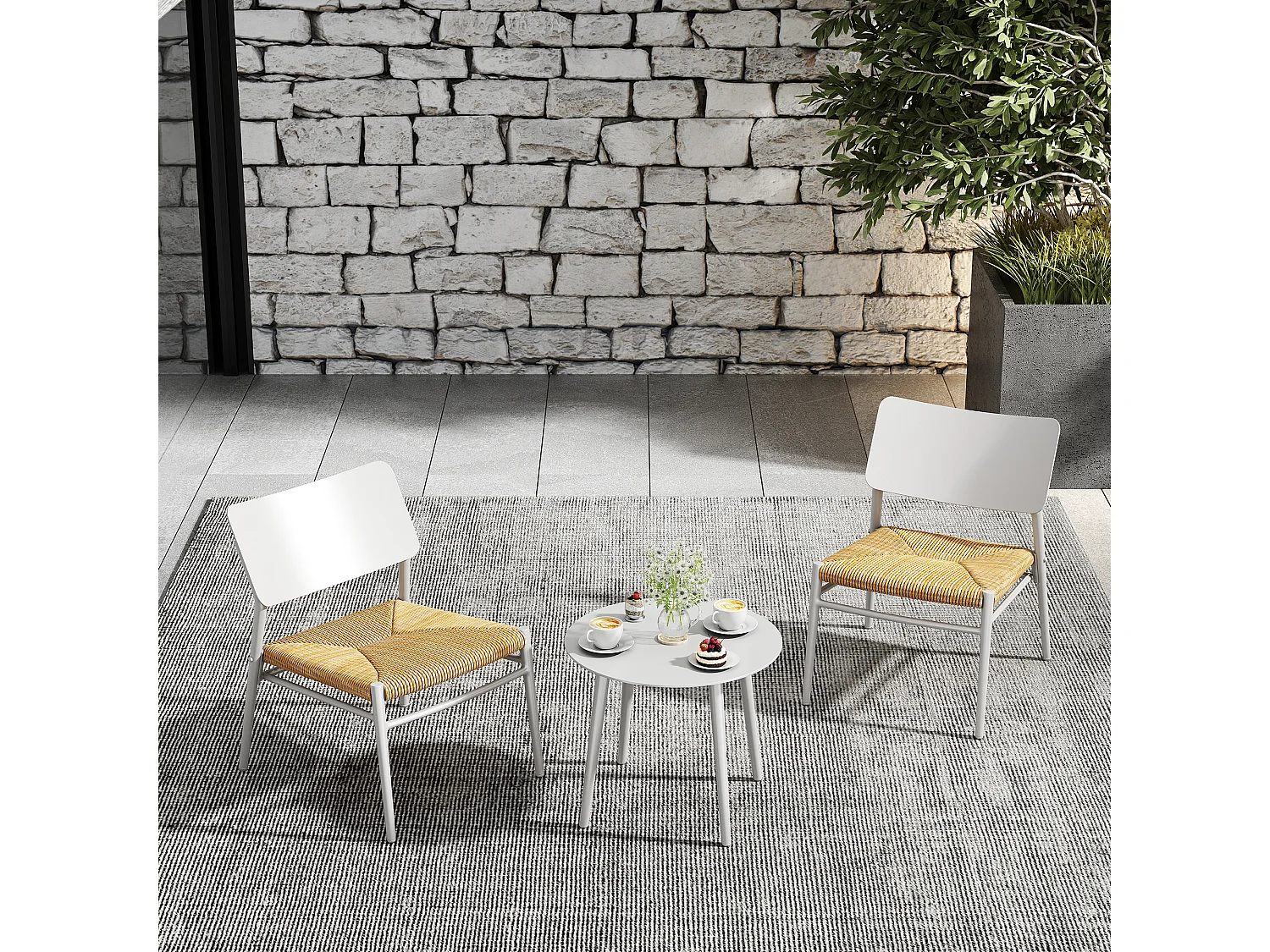 Salon de jardin 2 places en aluminium et rotin PE - 2 chaises et une table - blanc
