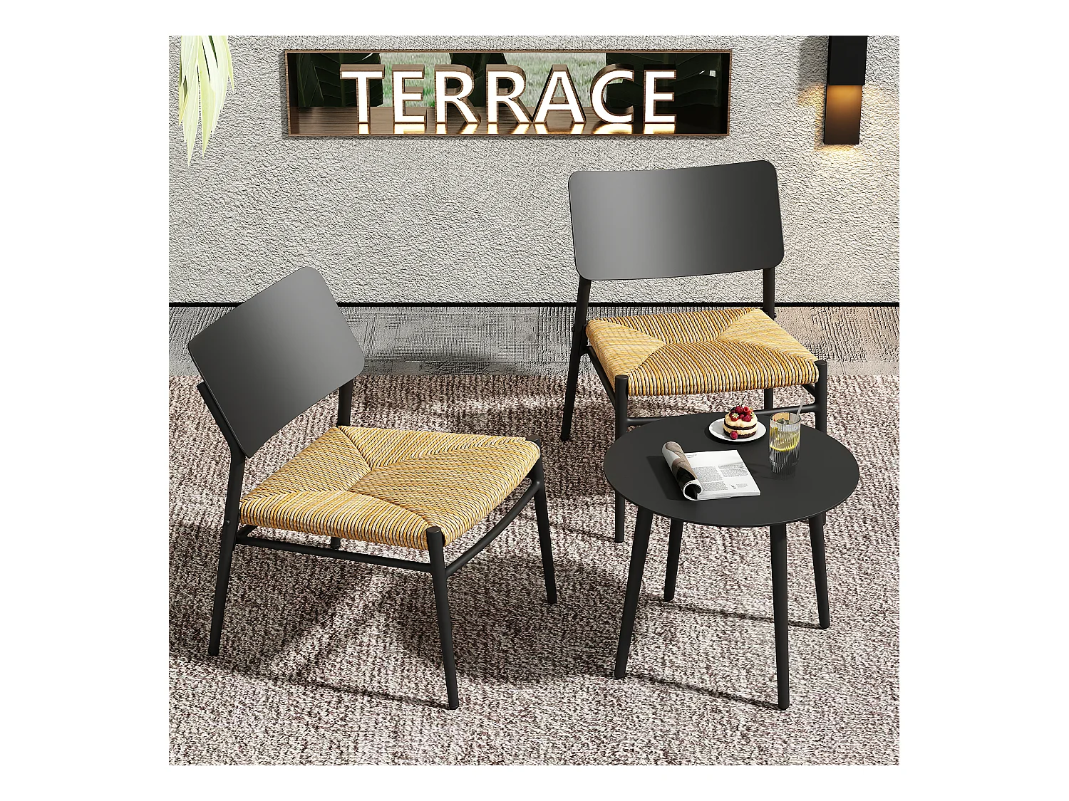Salon de jardin 2 places en aluminium et rotin PE - 2 chaises et une table - noir
