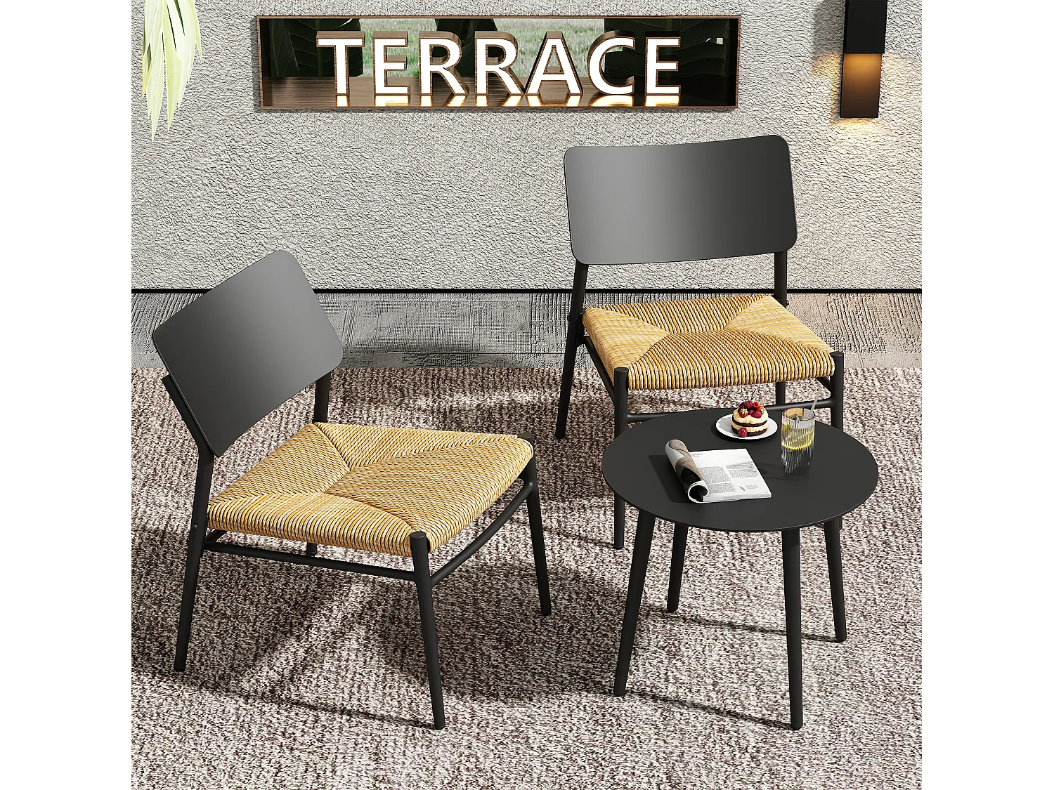 Salon de jardin 2 places en aluminium et rotin PE - 2 chaises et une table - noir