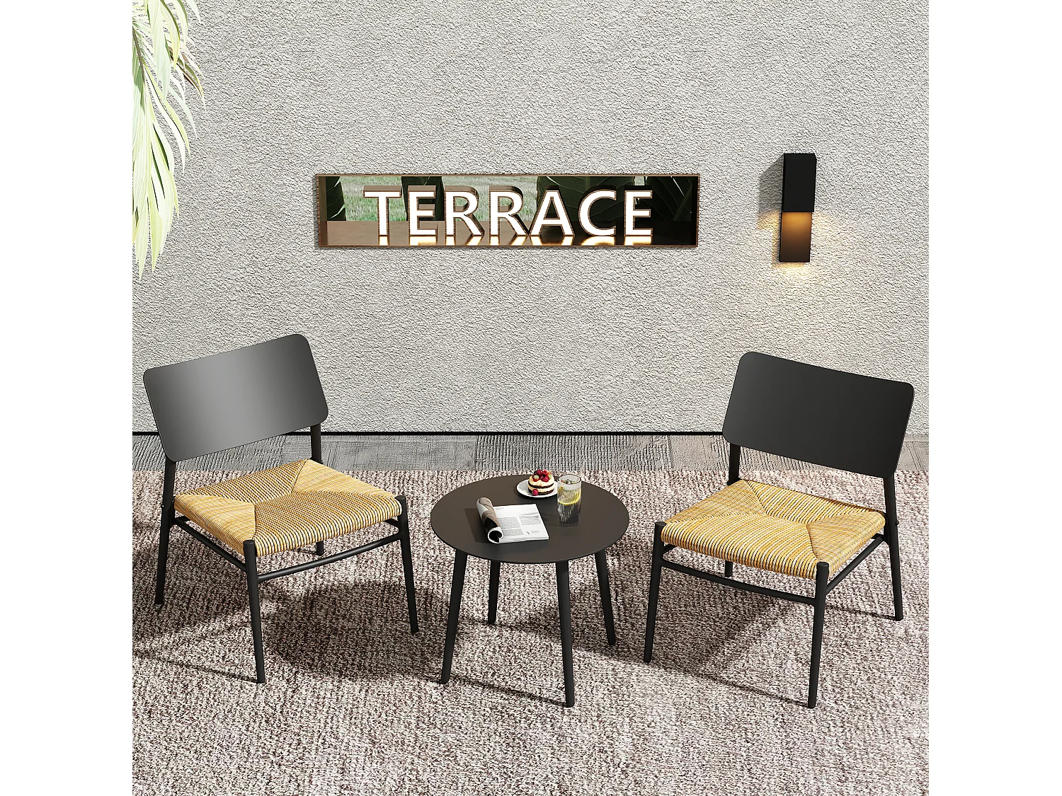 Salon de jardin 2 places en aluminium et rotin PE - 2 chaises et une table - noir