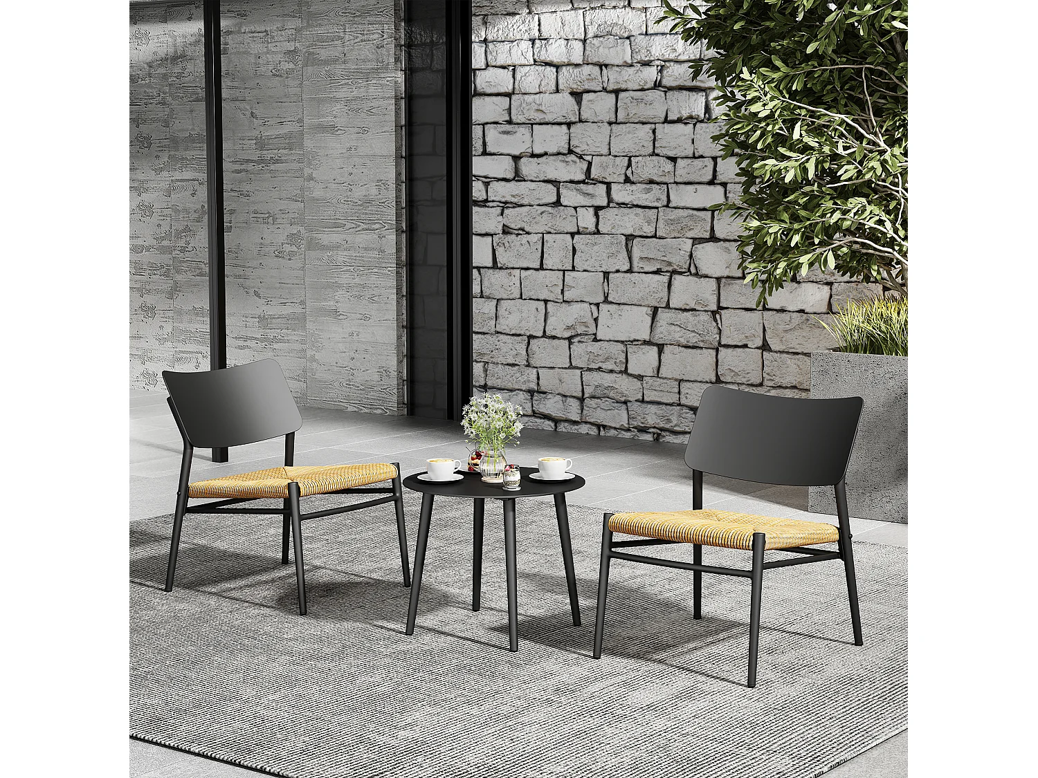 Salon de jardin 2 places en aluminium et rotin PE - 2 chaises et une table - noir