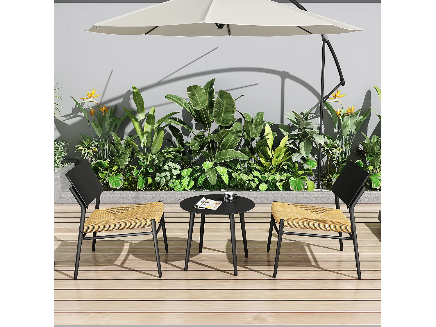 Salon de jardin 2 places en aluminium et rotin PE - 2 chaises et une table - noir