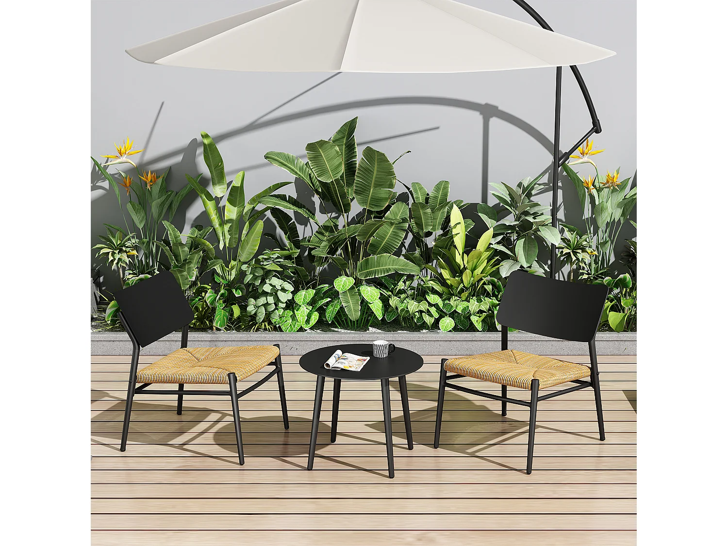 Salon de jardin 2 places en aluminium et rotin PE - 2 chaises et une table - noir