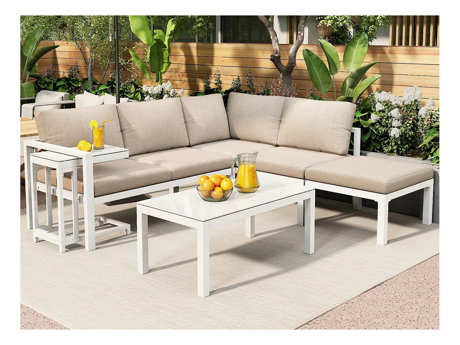 Ensemble salon de jardin d'angle en aluminium 5 places - 2 canapés modulables + 1 pouf + 2 tables basses - Blanc