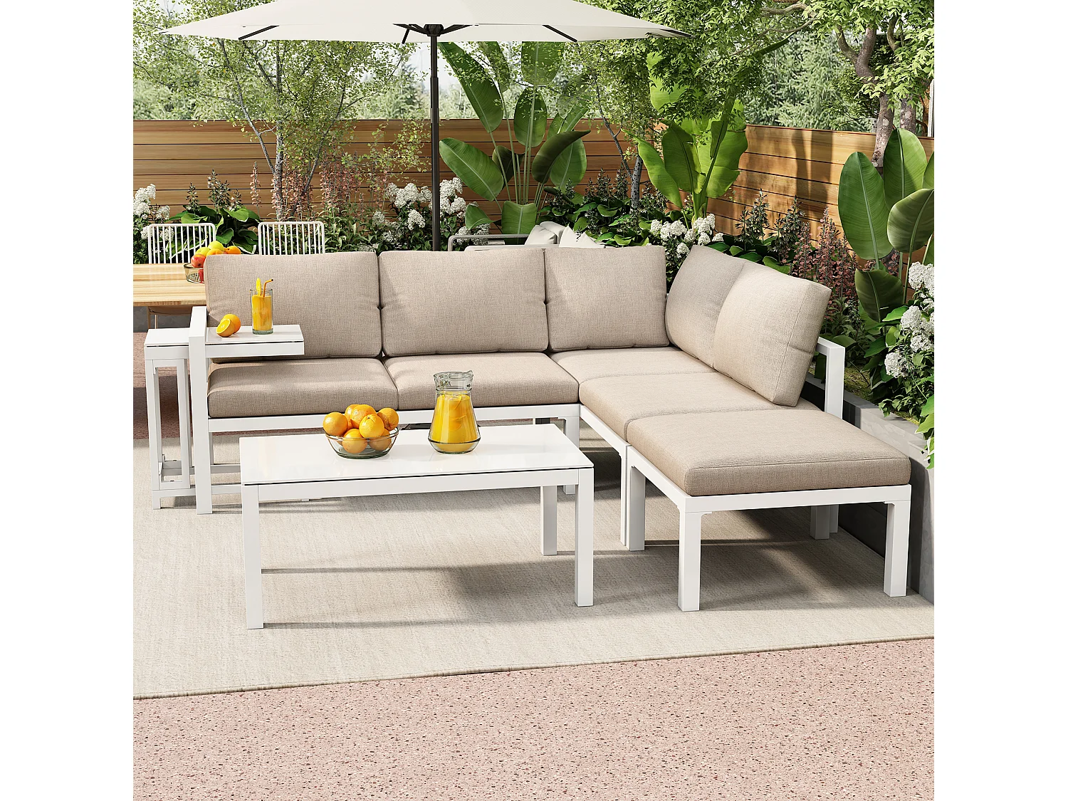 Ensemble salon de jardin d'angle en aluminium 5 places - 2 canapés modulables + 1 pouf + 2 tables basses - Blanc