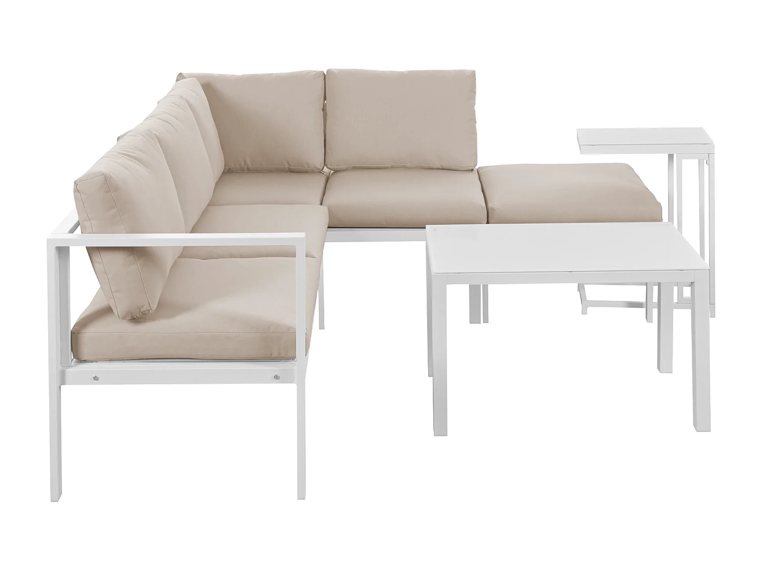 Ensemble salon de jardin d'angle en aluminium 5 places - 2 canapés modulables + 1 pouf + 2 tables basses - Blanc