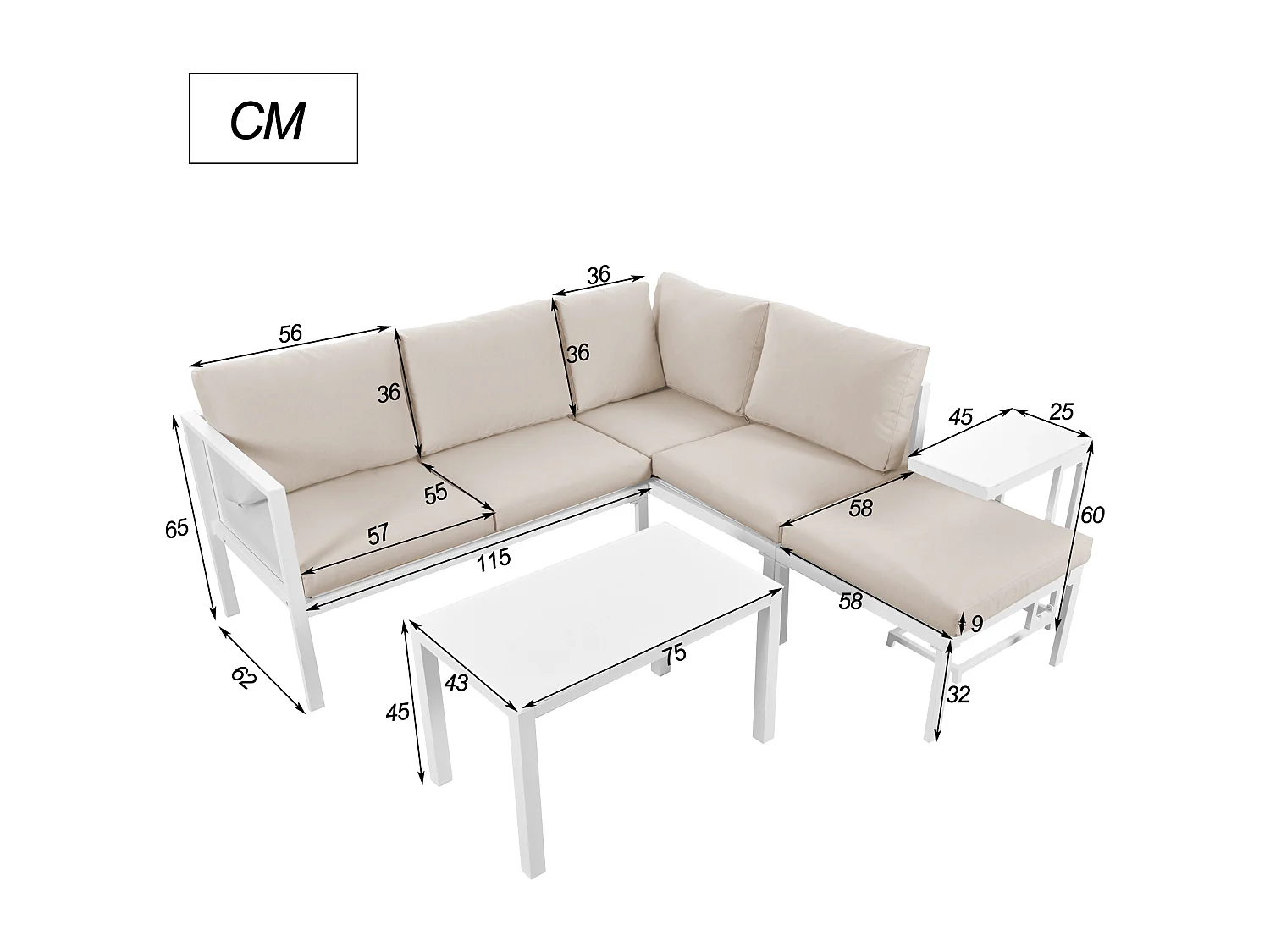 Ensemble salon de jardin d'angle en aluminium 5 places - 2 canapés modulables + 1 pouf + 2 tables basses - Blanc