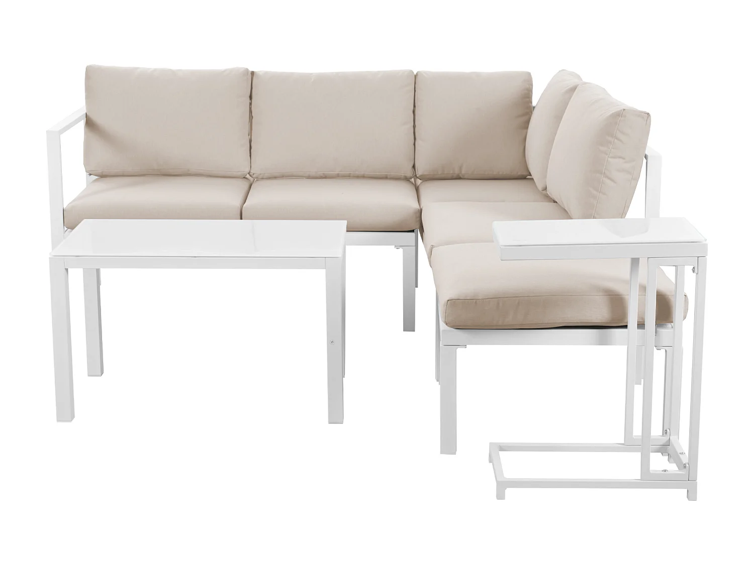 Ensemble salon de jardin d'angle en aluminium 5 places - 2 canapés modulables + 1 pouf + 2 tables basses - Blanc