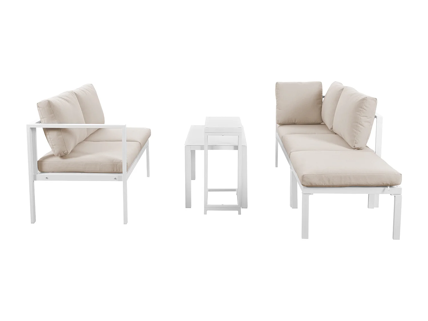 Ensemble salon de jardin d'angle en aluminium 5 places - 2 canapés modulables + 1 pouf + 2 tables basses - Blanc