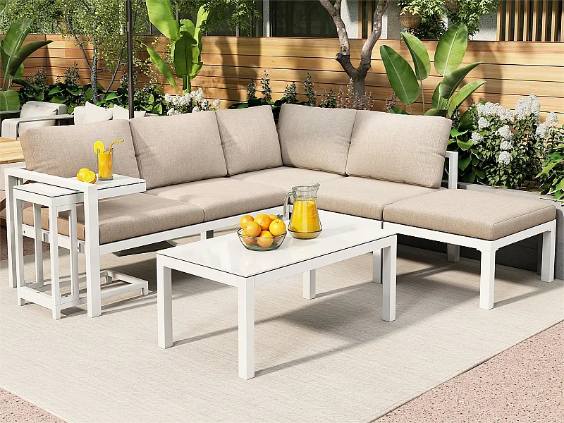 6-Sitzer-Eckgartenmöbel-Set – 2 modulare Sofas + 1 Hocker + 2 Couchtische – Aluminiumrahmen – weiß