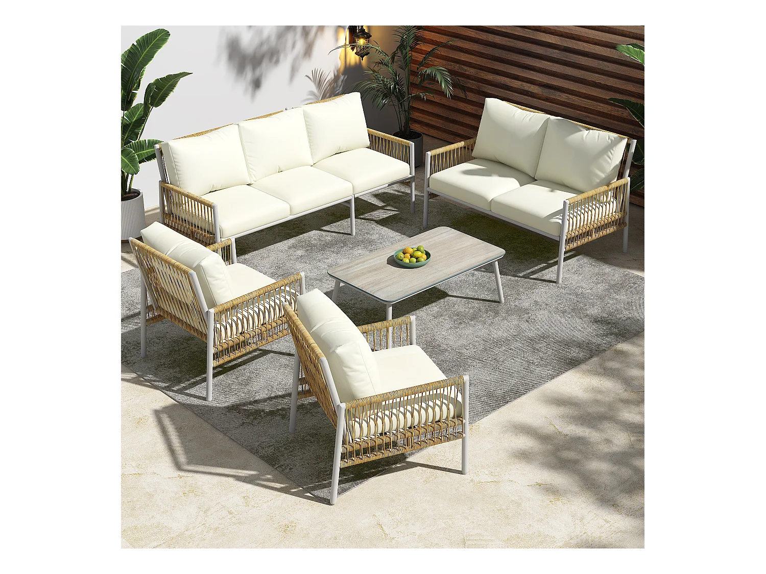 Mobiliario de jardín de 7 plazas de acero galvanizado: 2 sofás + 2 sillones + una mesa - Cojines de asiento desenfundables - Beige