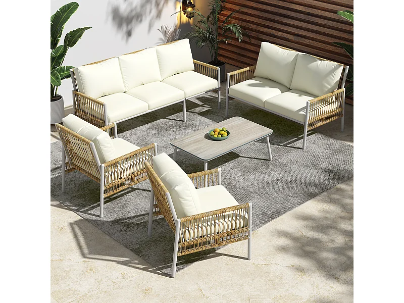 7-Sitzer-Gartenmöbel aus verzinktem Stahl: 2 Sofas + 2 Sessel + ein Tisch - Abnehmbare Sitzkissen - Beige