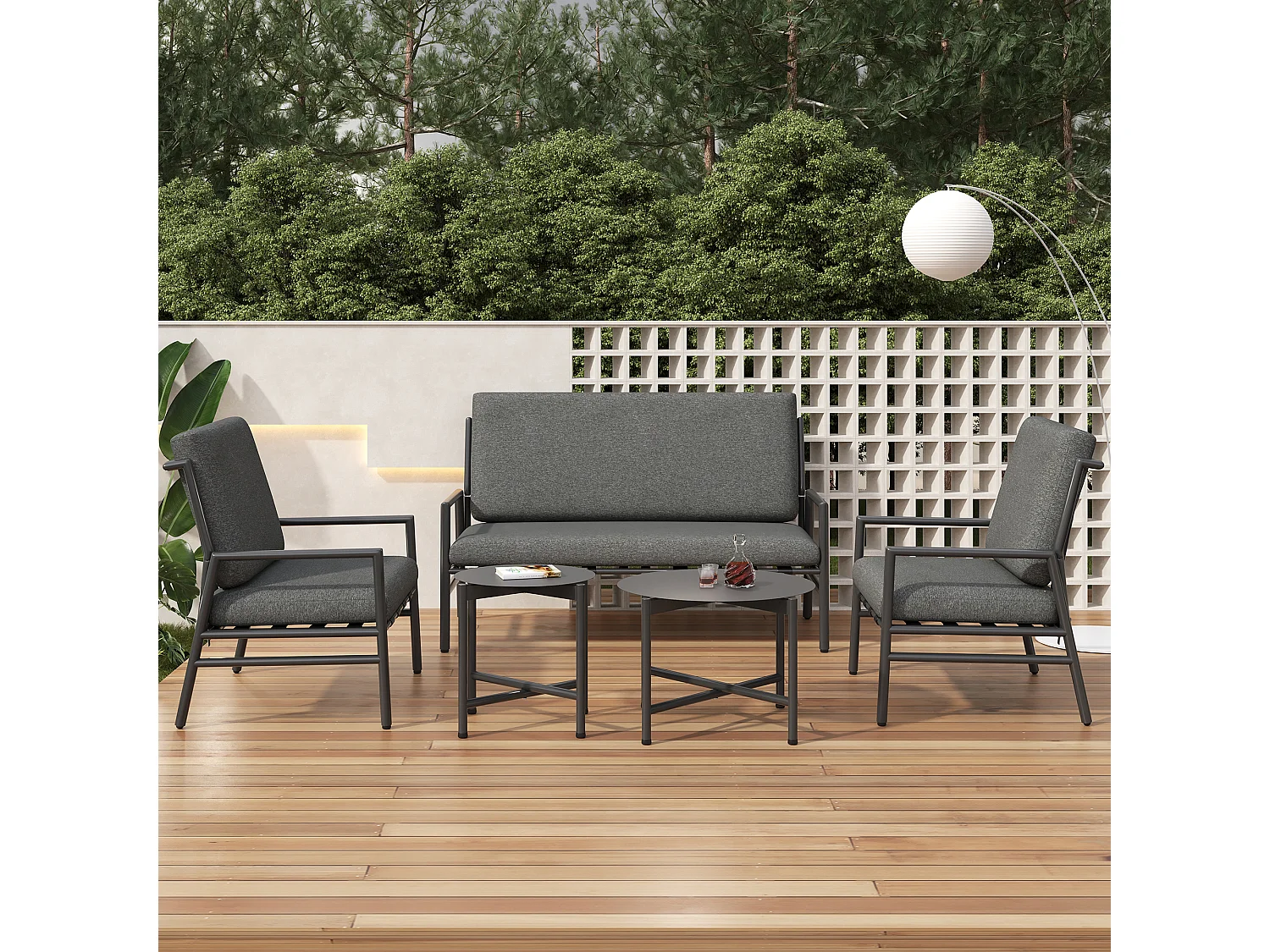 Set di mobili da giardino in acciaio zincato a 4 posti: 1 divano + 2 sedie + 2 tavolini rotondi - 6 cuscini per seduta e schienale - Grigio