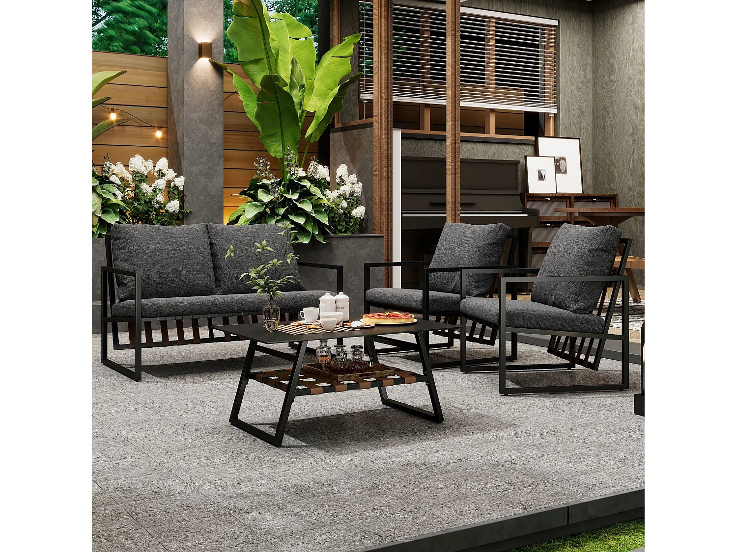 4-zits gegalvaniseerd stalen tuinmeubel: 1 bank + 2 stoelen + 1 salontafel met 2 planken - 7 zit- en rugkussens - Zwart