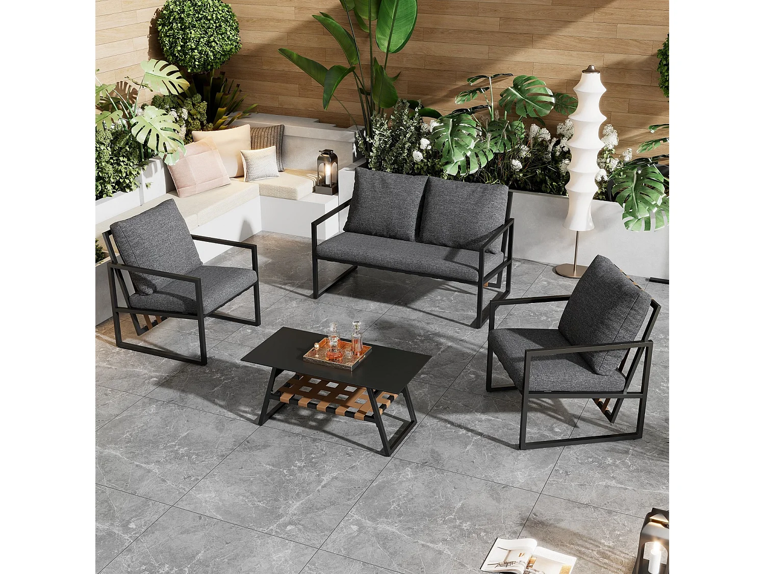 4-zits gegalvaniseerd stalen tuinmeubel: 1 bank + 2 stoelen + 1 salontafel met 2 planken - 7 zit- en rugkussens - Zwart