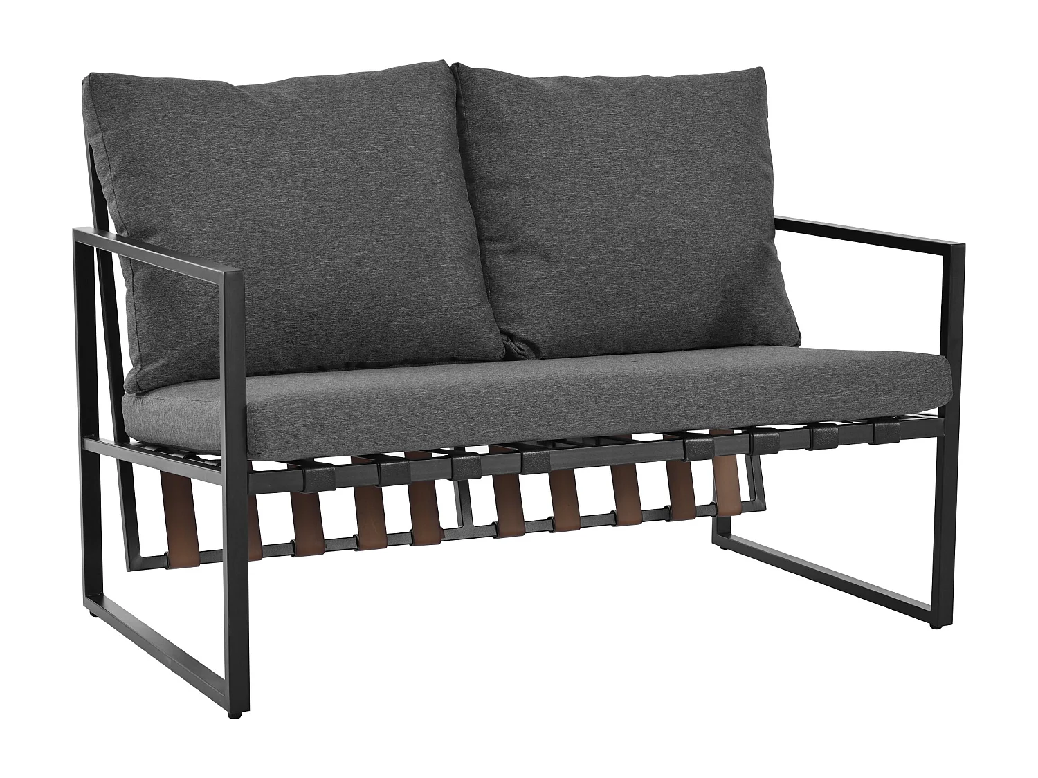 4-zits gegalvaniseerd stalen tuinmeubel: 1 bank + 2 stoelen + 1 salontafel met 2 planken - 7 zit- en rugkussens - Zwart