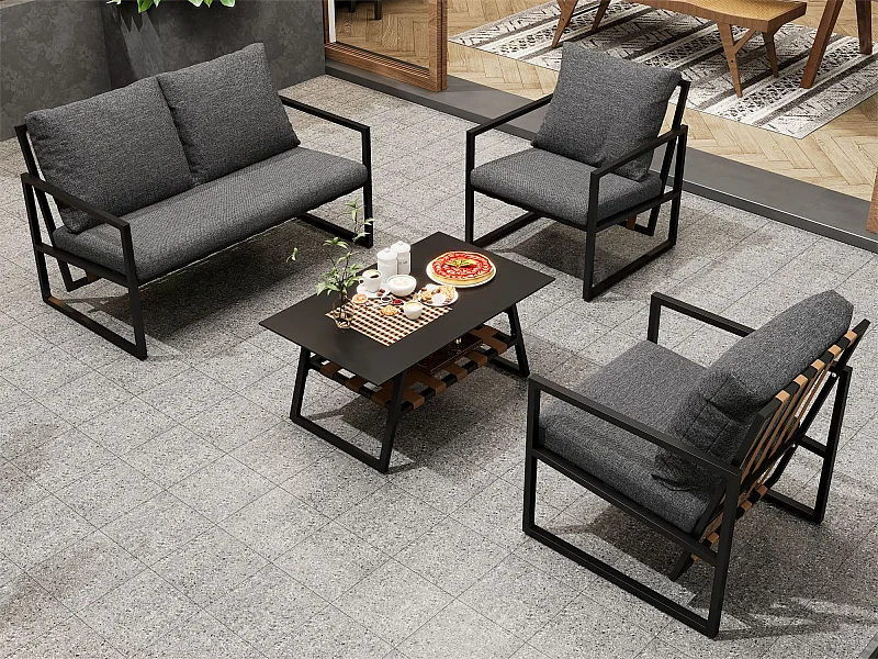 4-zits gegalvaniseerd stalen tuinmeubel: 1 bank + 2 stoelen + 1 salontafel met 2 planken - 7 zit- en rugkussens - Zwart