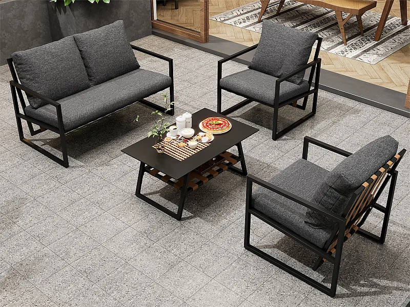 4-Sitzer-Gartenmöbel aus verzinktem Stahl: 1 Sofa + 2 Stühle + 1 Couchtisch mit 2 Regalen – 7 Sitz- und Rückenkissen – Schwarz