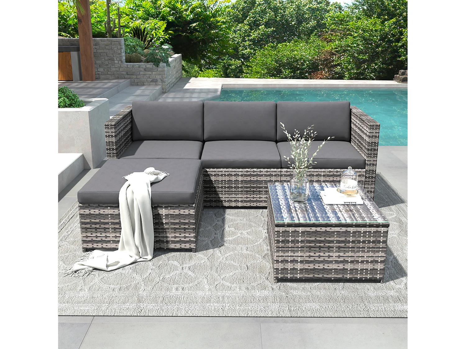 Salon de jardin d'angle 4 places en résine tressée avec table basse avec plateau en verre - 7 coussins d'assise et de dossier - gris