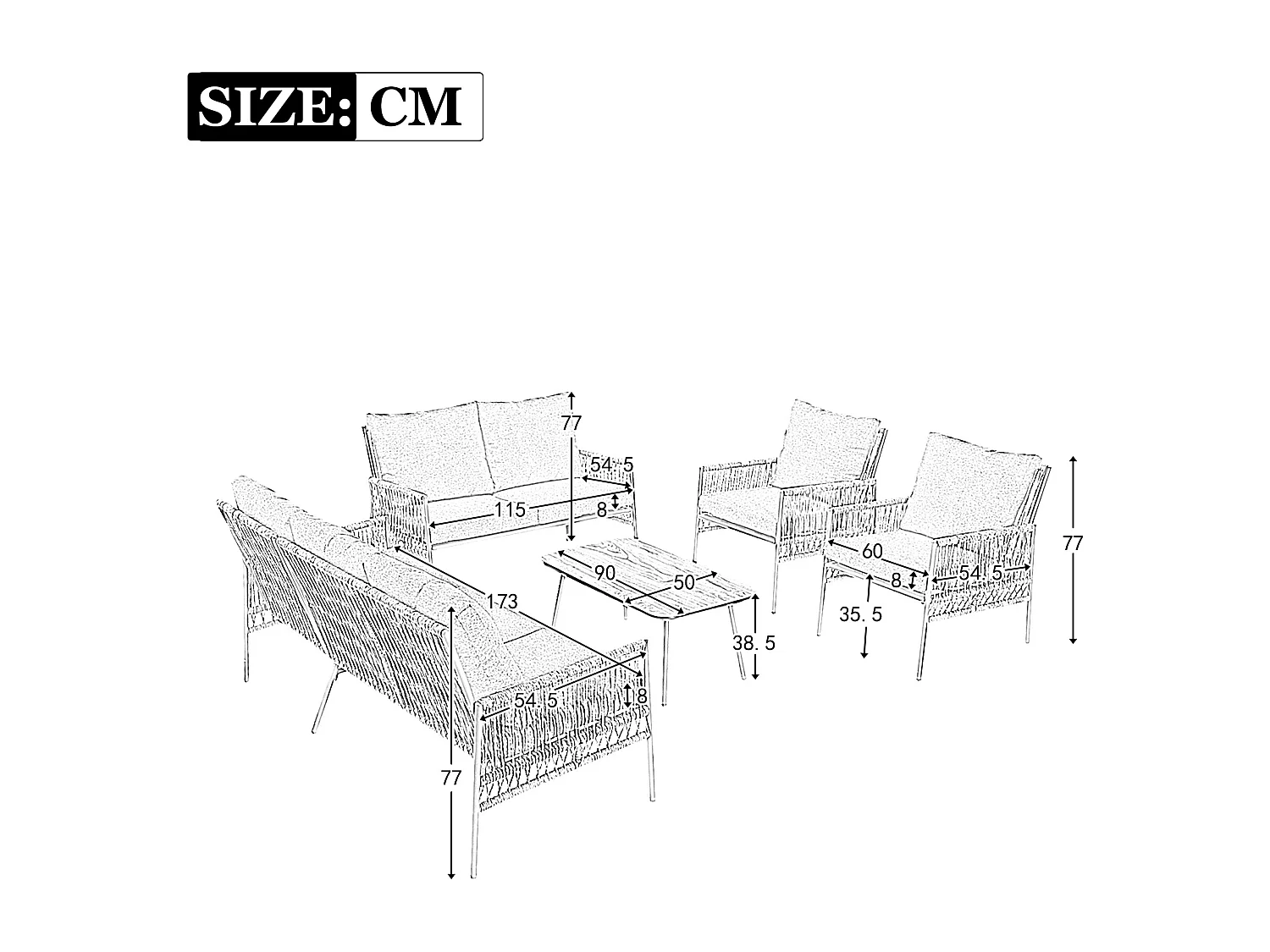 Mobile da giardino in acciaio zincato 7 posti: 2 divani + 2 poltrone + un tavolo - Cuscini seduta sfoderabili - Grigio