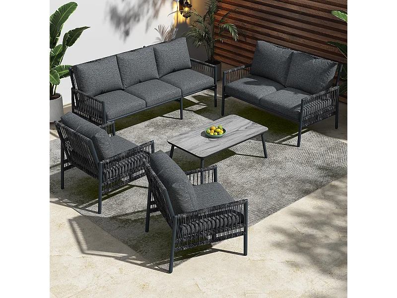Mobiliario de jardín de 7 plazas de acero galvanizado: 2 sofás + 2 sillones + una mesa - Cojines de asiento desenfundables - Gris
