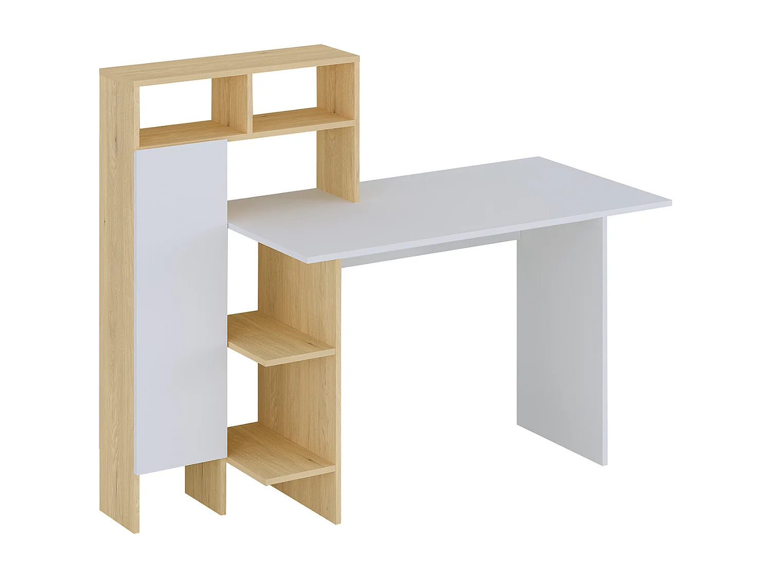 Bureau avec 1 placard et 4 niches - Blanc et naturel - MONTOLANIA