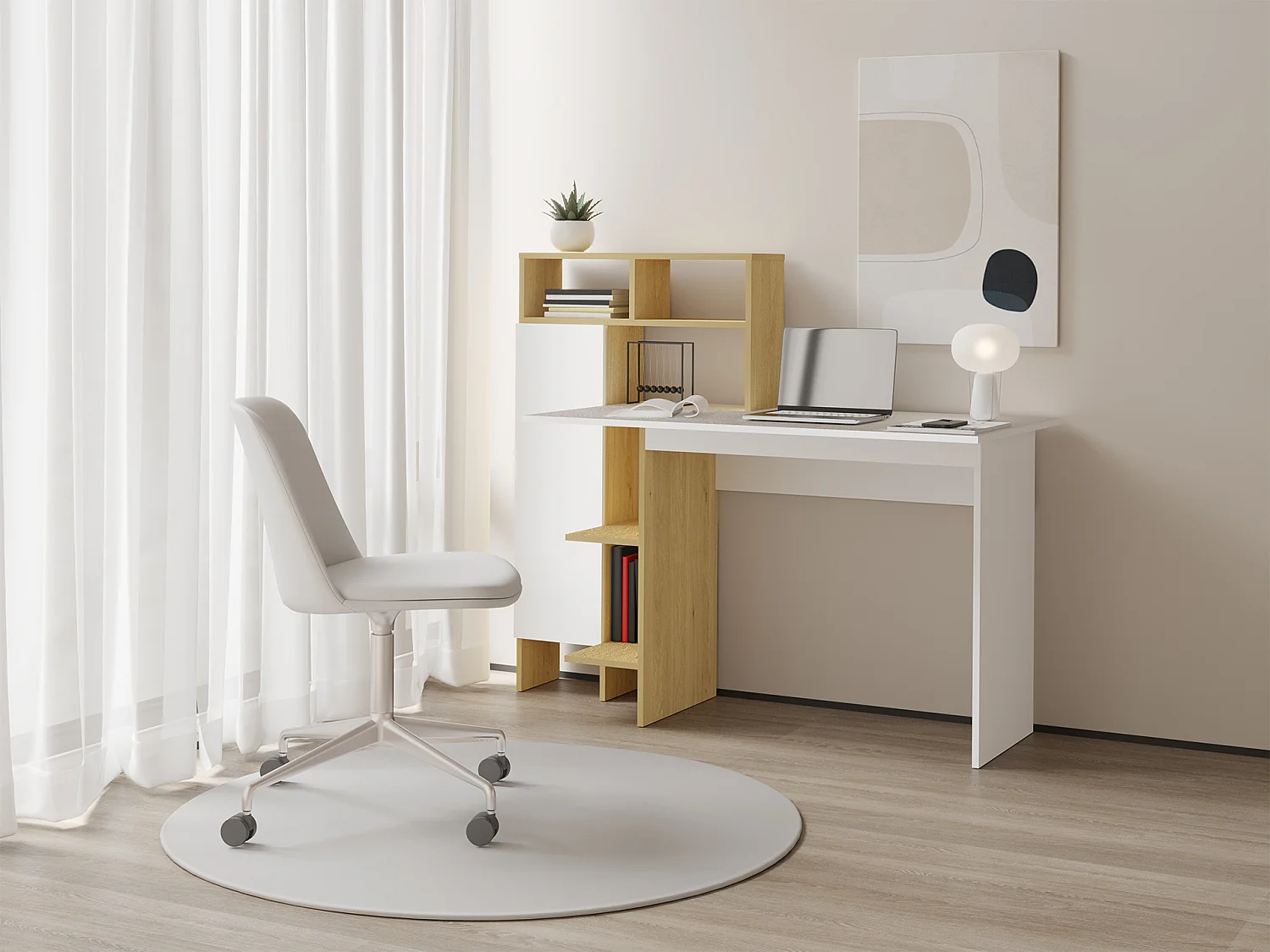 Bureau avec 1 placard et 4 niches - Blanc et naturel - MONTOLANIA