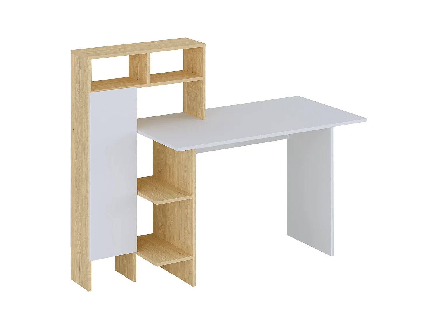 Bureau met 1 kast en 4 nissen - Wit en naturel - MONTOLANIA