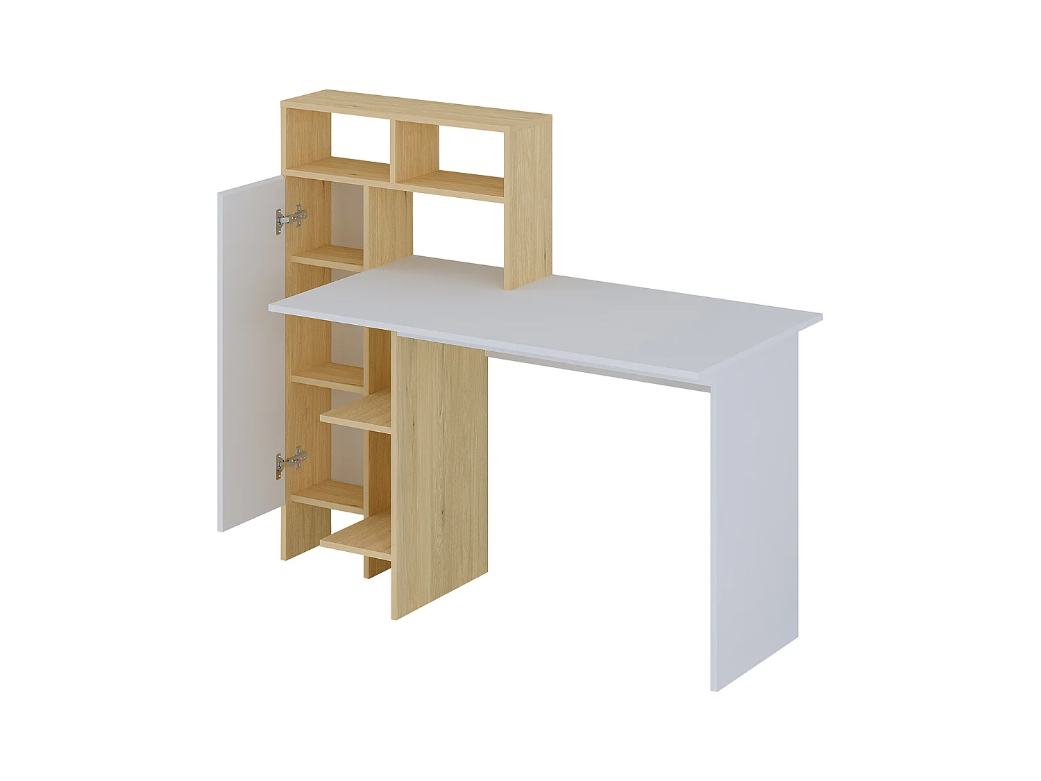 Bureau met 1 kast en 4 nissen - Wit en naturel - MONTOLANIA