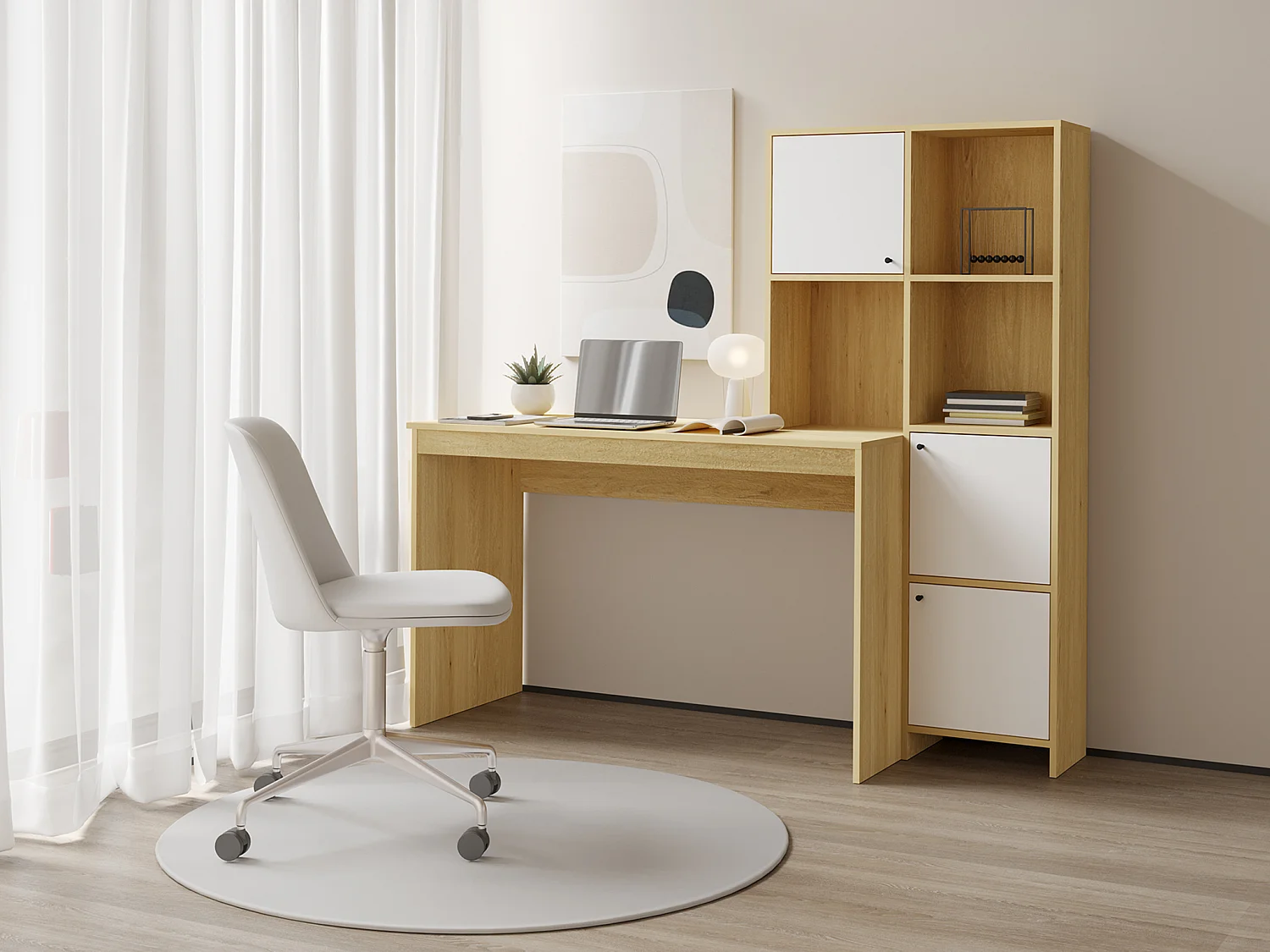 Bureau avec 3 placards et 3 niches - Coloris : Naturel et blanc - ALIOBINI