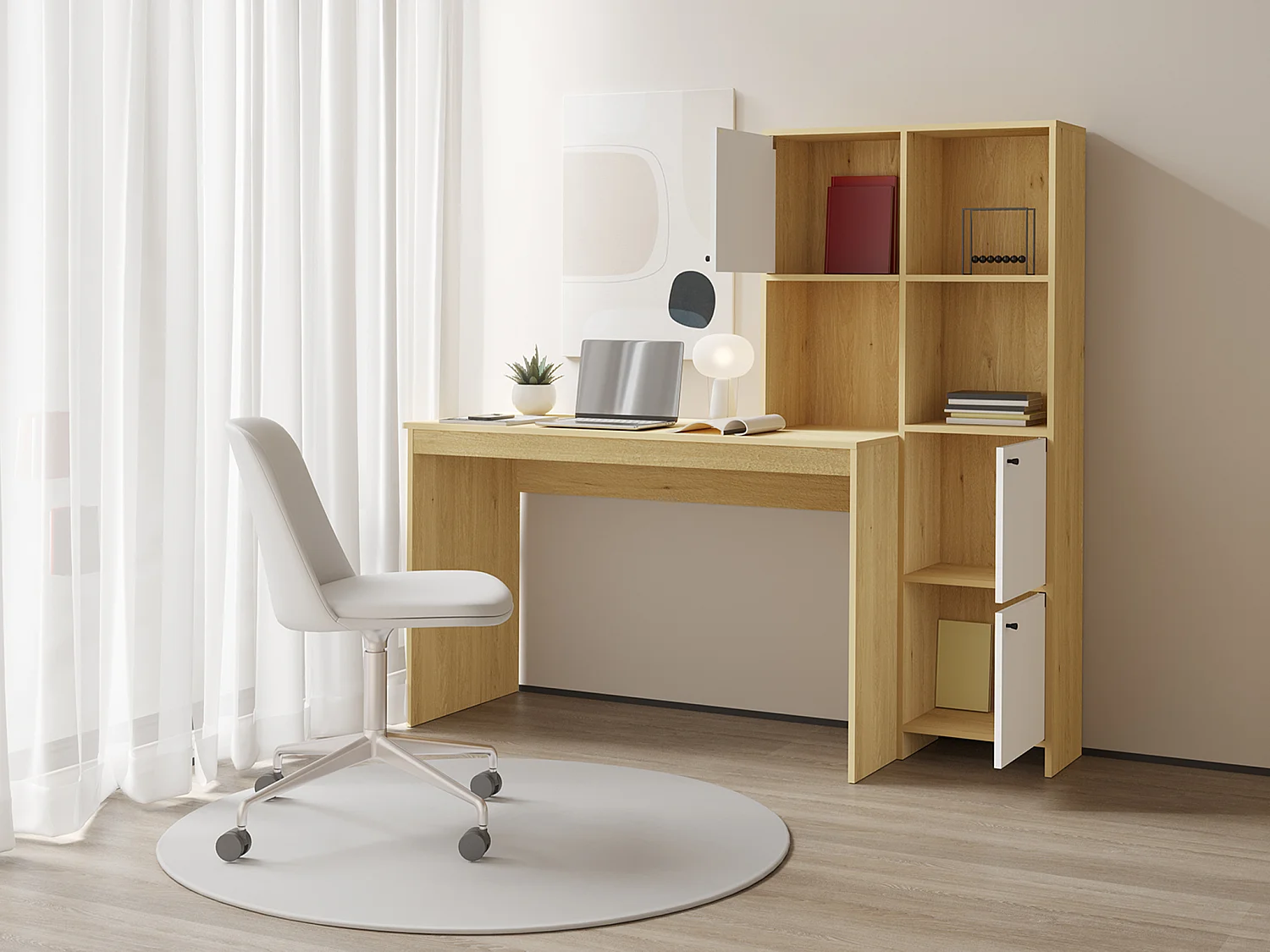 Bureau avec 3 placards et 3 niches - Coloris : Naturel et blanc - ALIOBINI